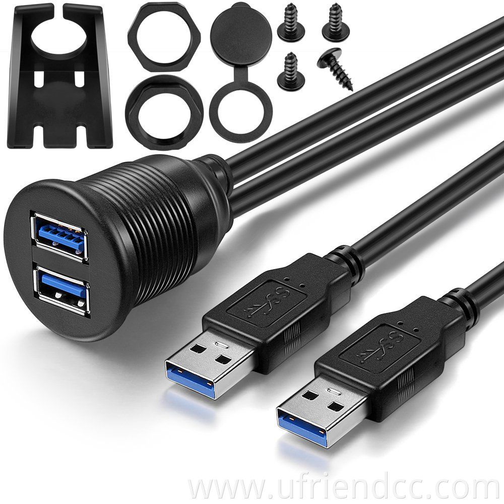 Custom Round Square Car Dual USB 3.0 Flush Dashboard Dash Panel Mount USB Extension Cord Cable